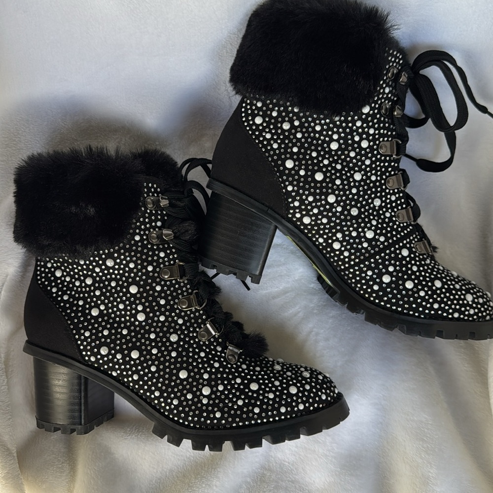 LAUREN LORRAINE PEARL-AND RHINESTONE FUR HEELED BOOTIE SIZE 6
